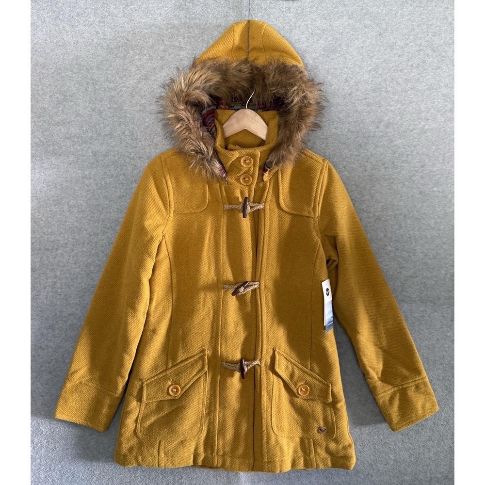 Roxy Golden Hill Women's Large Mustard Hooded Toggle Coat Faux Fur Jacket